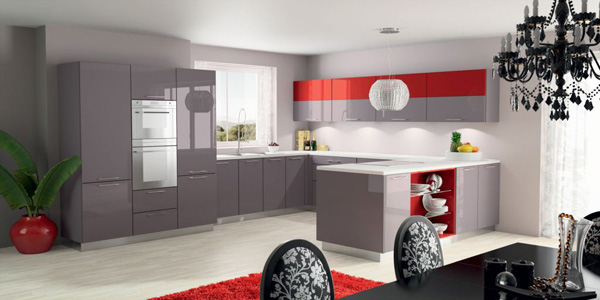 Contemporary red lacquer kitchen cabinet in grey and white color scheme Grey lacquer kitchen cabinets