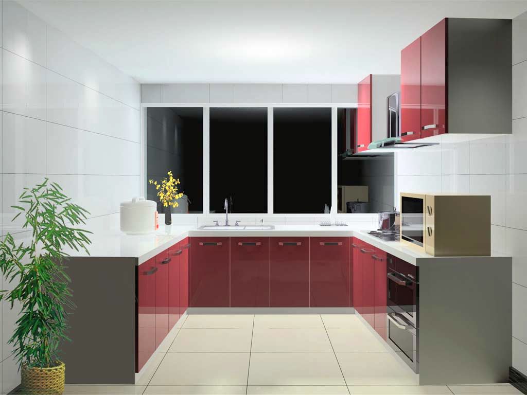 Red lacquer kitchen cabinet in white and grey color scheme Grey lacquer kitchen cabinets