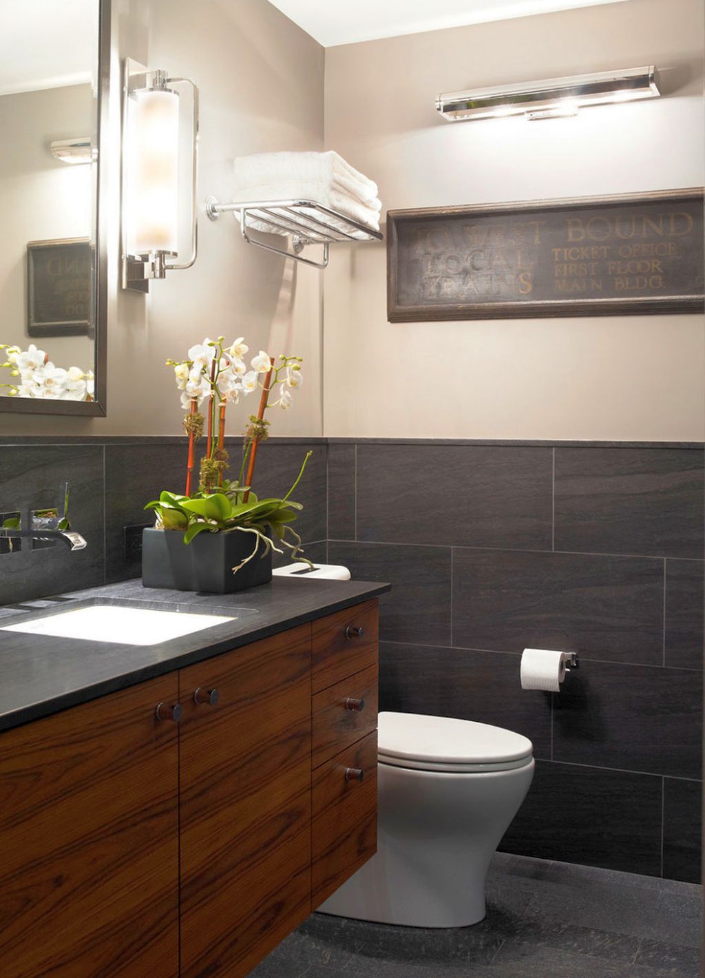Tiny Bathroom Design Ideas In Black And White With Rustic Wood Cabinets