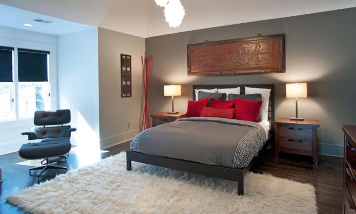 modern asian inspired bedroom with wall decor