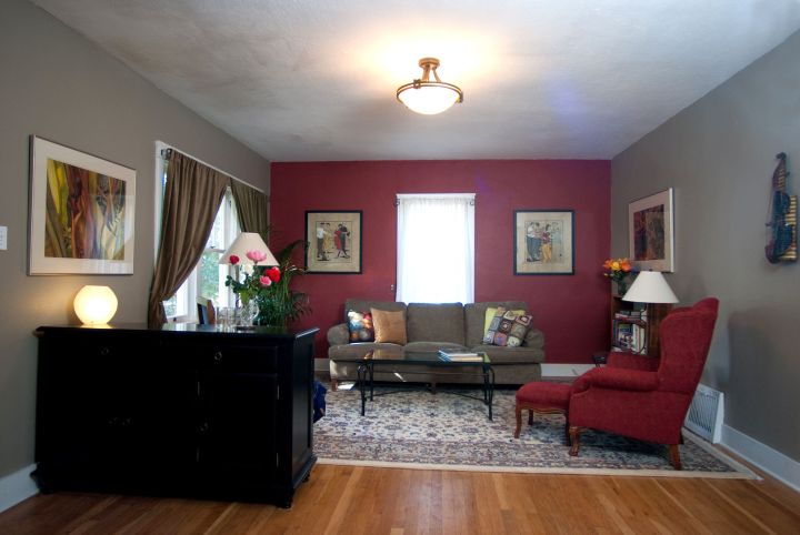 green and maroon living room