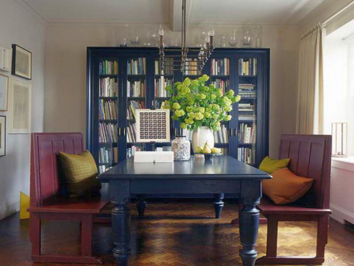 dining room with bookshelves