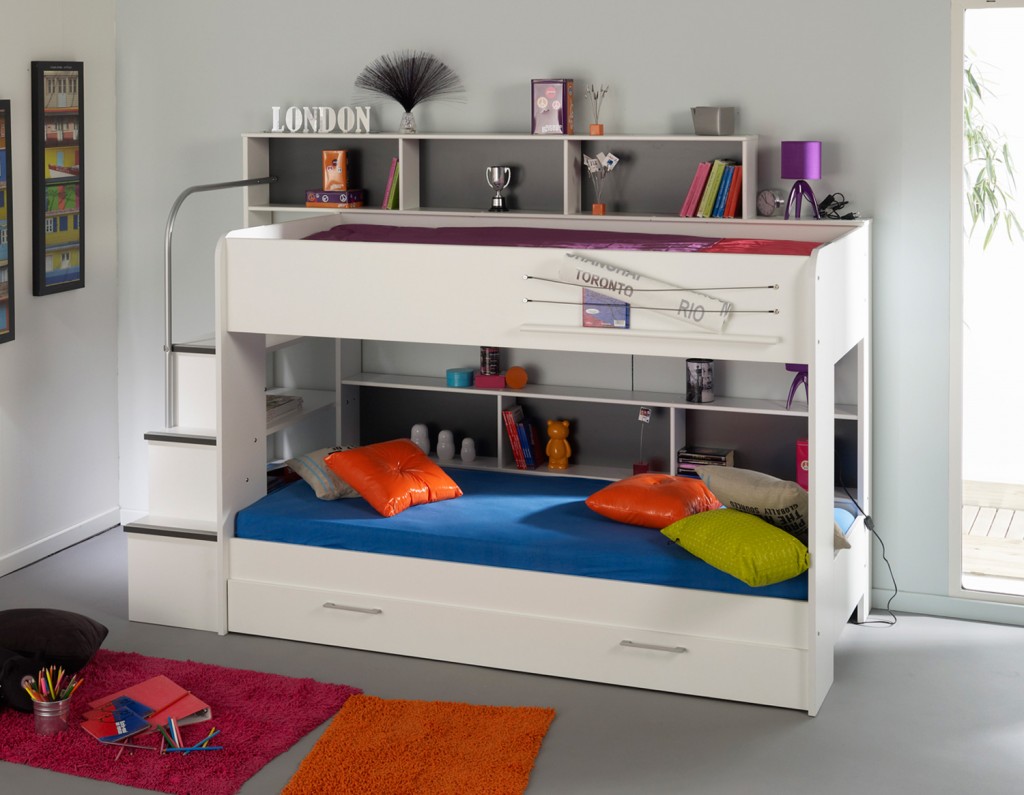 All White Modern Kids Loft Beds Design Featuring Built-in Drawers and Staircase