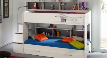 All White Modern Kids Loft Beds Design Featuring Built-in Drawers and Staircase