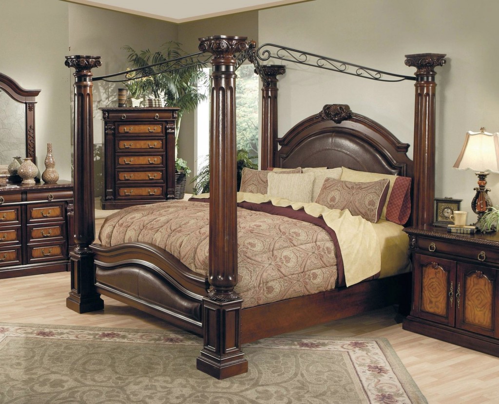 Beautiful wooden canopy bed design in luxurious dark brown bedroom