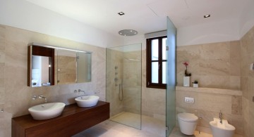 Clean and fabulous modern bathroom interior design with wooden furniture