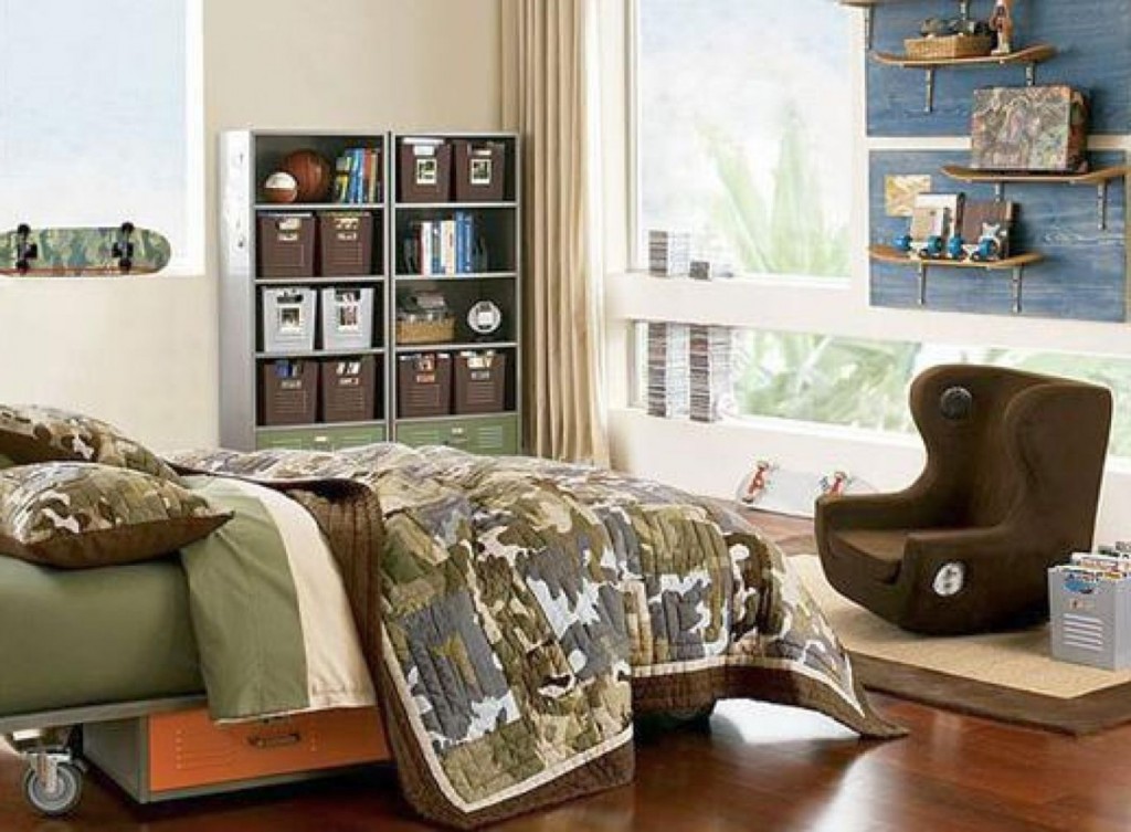 Fabulous Room Decor Ideas for Teenage Boys with Green Army Bed and Large Glass Window