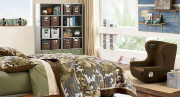 Fabulous Room Decor Ideas for Teenage Boys with Green Army Bed and Large Glass Window