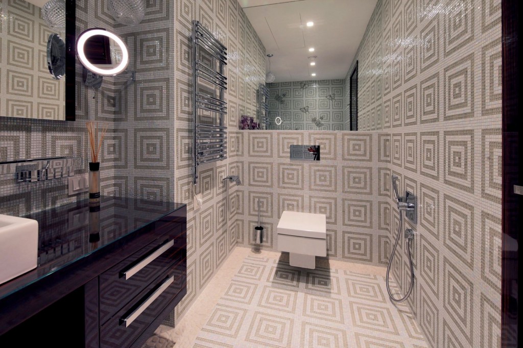 Geometric patterned tiles in beautiful modern bathroom interior
