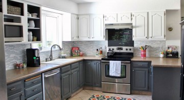 Grey Wood Kitchen Cabinets Design With Brown Granite and Black Appliances