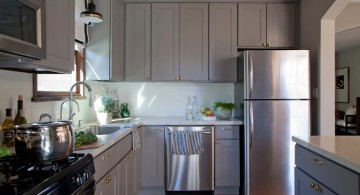 Light Gray Wooden Kitchen Cabinet Designs with Double Sinks