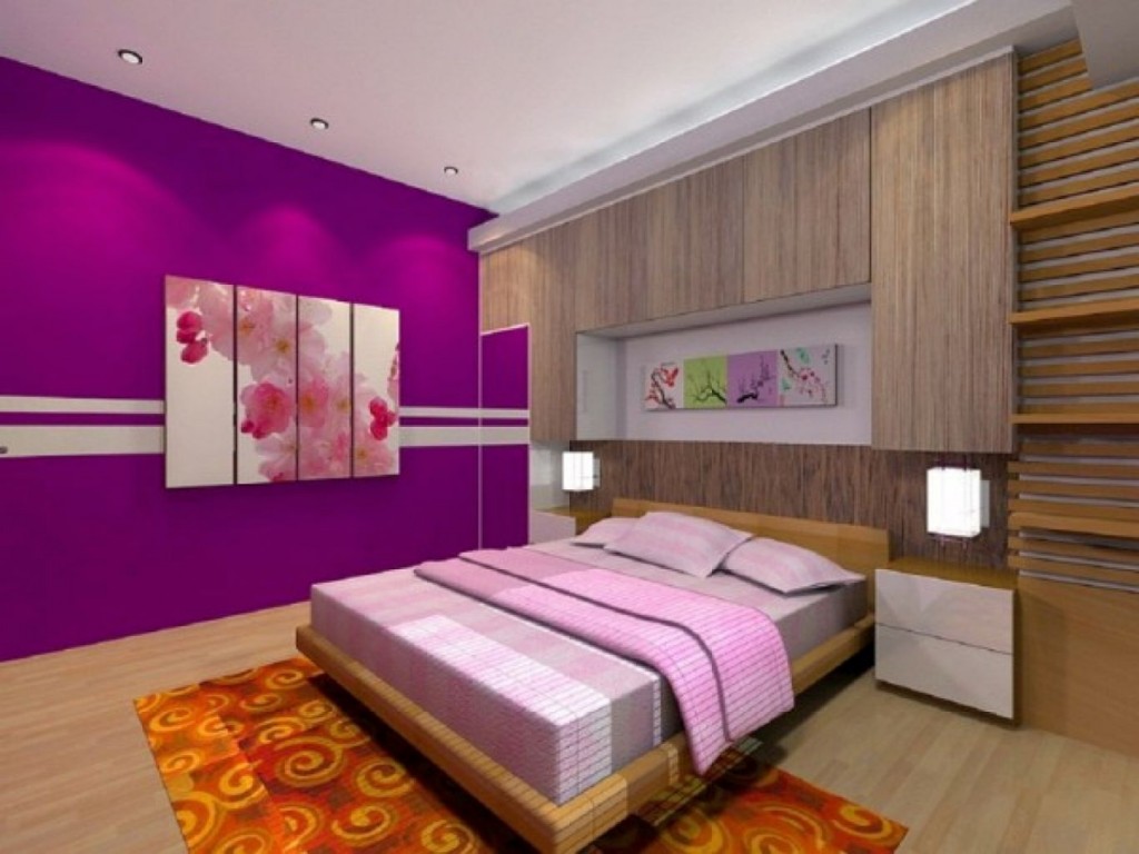 Luxury Bedroom with Purple Color with wooden floor and wall