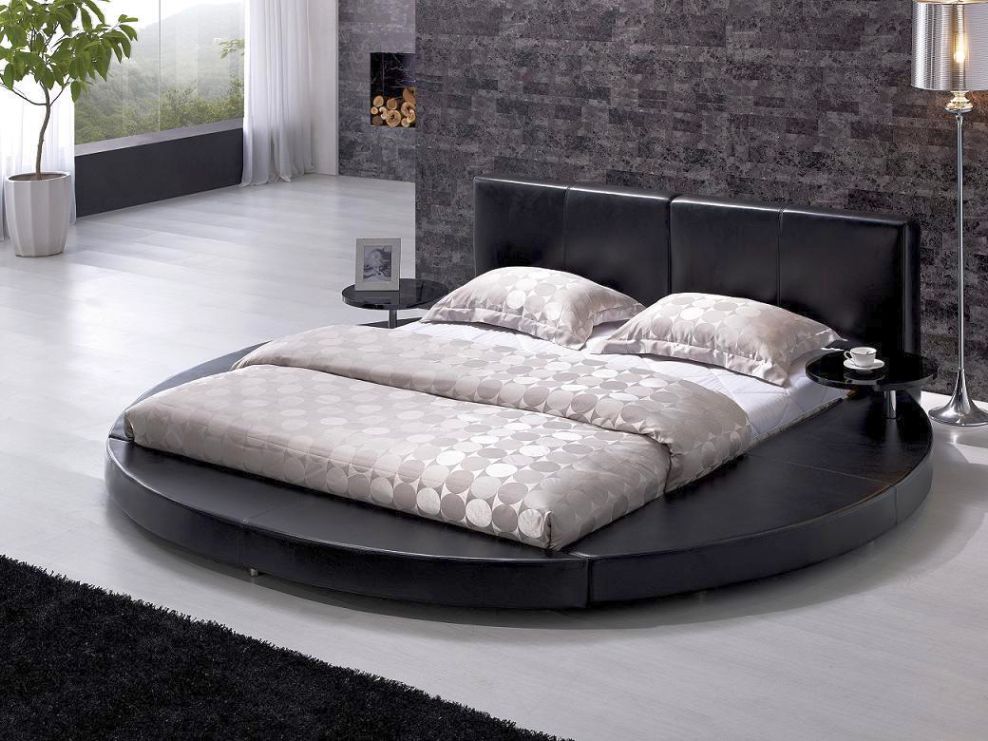 Modern Contemporary Leather Round Bed with Black Platform