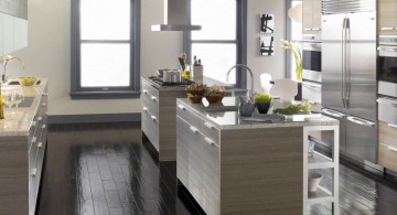 Simple Gray Kitchen Cabinets with Black Porcelain Countertop