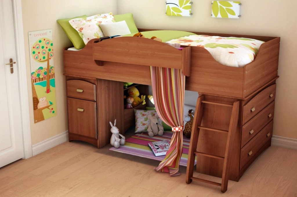 Simple Modern Kids Loft Beds Design with Lounge Area Enclosed by Colorful Courtain