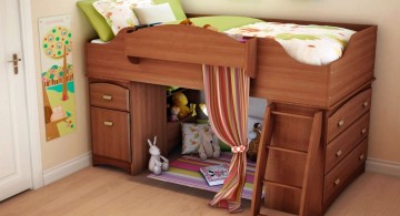 Simple Modern Kids Loft Beds Design with Lounge Area Enclosed by Colorful Courtain