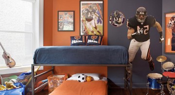 Sporty American Fottbal Themed Room Decor Ideas for Teenage Boys Featuring Natural Wooden Floor and Orange Bedding