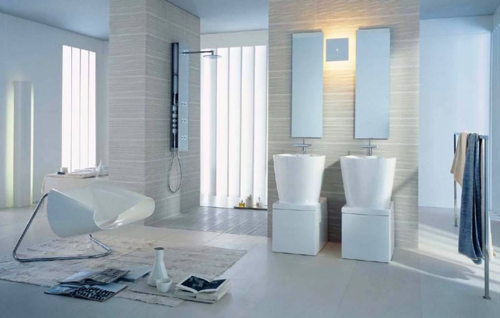 Superb image of modern bathroom interior design featuring all white color scheme