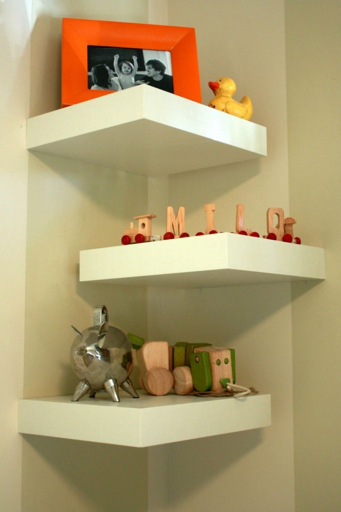 Three tiered half zig zag small corner shelving unit