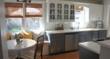 White And Grey Kitchen Cabinets Design With Marble Backsplash