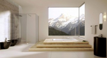 Zen-themed modern bathroom interior design featuring large windows
