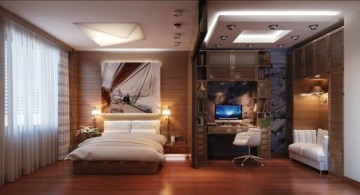 featured Warm and inviting home office in bedroom with brown wooden floor and ample lighting