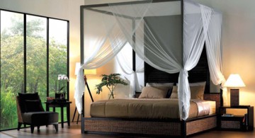 featured Zen-like master bedroom featuring dark-finished canopy bed sets