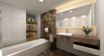 modern bathroom interior design featuring marble vanity and dark floor