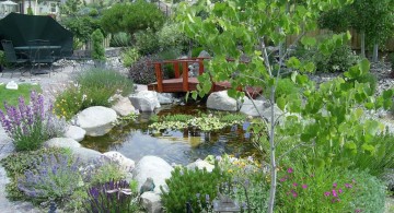 oriental inspired pool gardening with rocks ideas