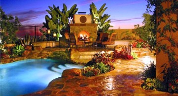 Backyard pool designs with fireplace