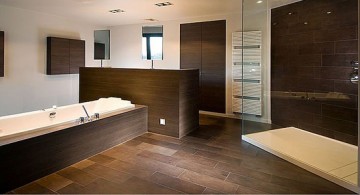 Elegant and minimalist brown bathroom ideas with dark brown tiles