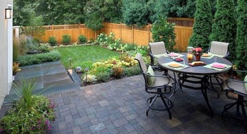 Japanese garden backyard design with patio and garden chairs