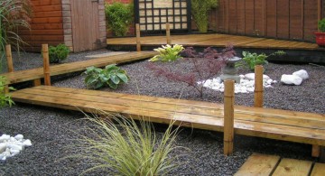 Japanese garden backyard design with wood pathway
