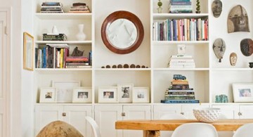Modern White Bookshelf Decorating Ideas in a Dining Room