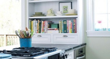 Shelf for recipe books in a white modern kitchen