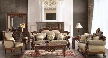 Victorian living room in brown and white with fireplace