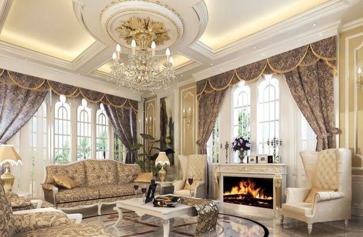Victorian living room with beautiful valance and modern fireplace
