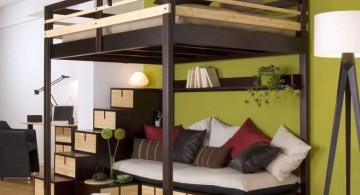 adult loft bed with stairs in dark woods