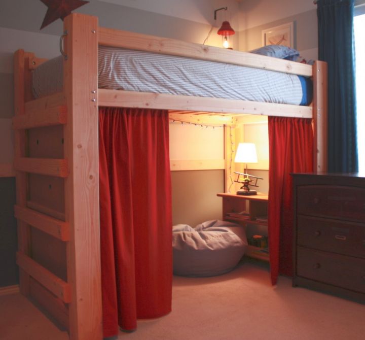 adult loft bed with stairs with curtains