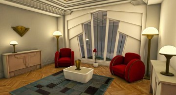 art deco living rooms with red sofas and unique wall