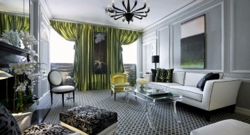 art deco living rooms with spider chandelier and green curtains