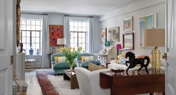 art deco living rooms with tosca and white sofas and plush rug