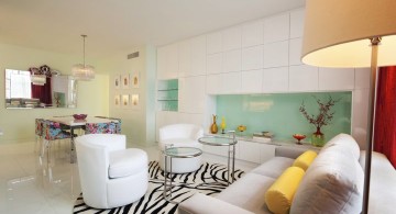 art deco living rooms with white contemporary sofa and zebra print rug