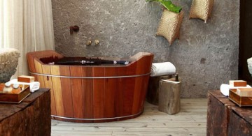bamboo themed bathroom with wood tub