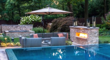 best backyard swimming pool designs with outdoor fireplace and small seating place