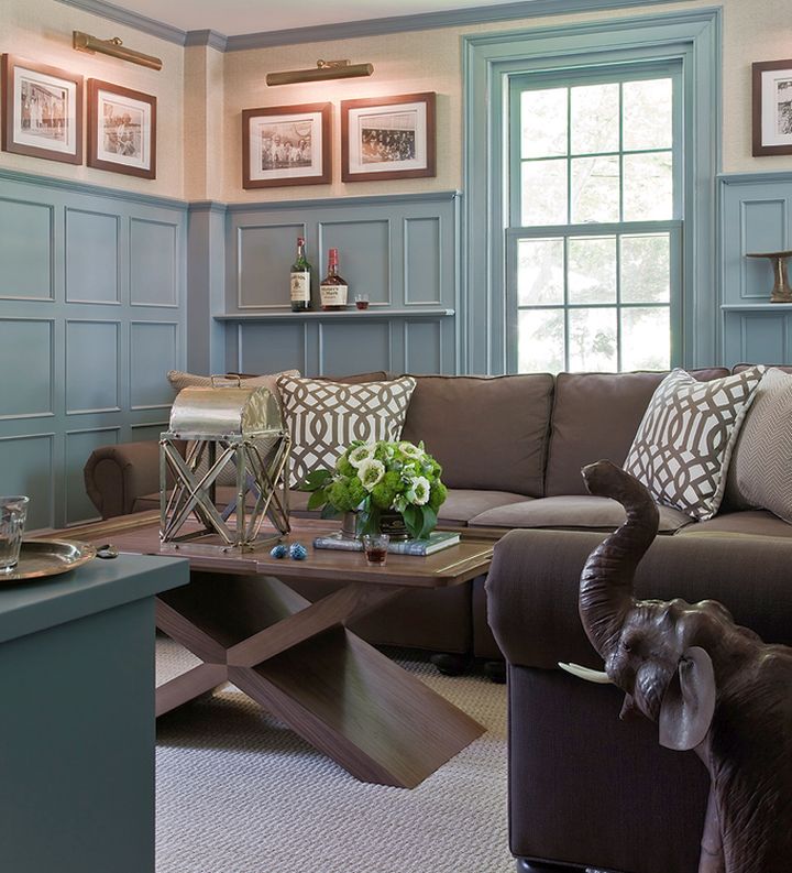 blue and brown living room for small space