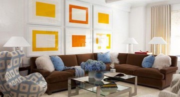 blue and brown living room with acrylic coffee table and yellow wall panel