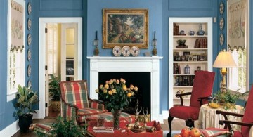 blue and brown living room with fireplace