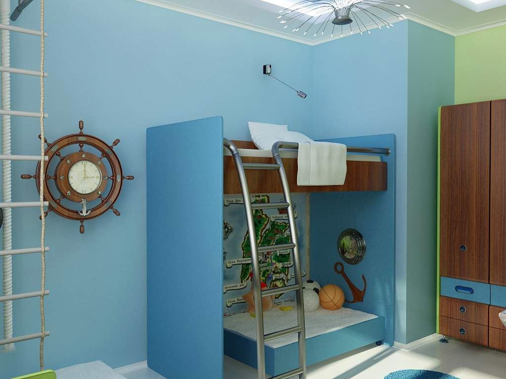 boys blue room with ship wheel