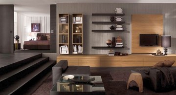 built in wooden panel wall shelving units for living room